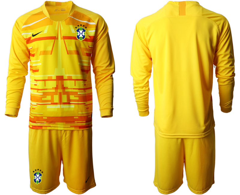 Men 2020-2021 Season National team Brazil goalkeeper Long sleeve yellow Soccer Jersey